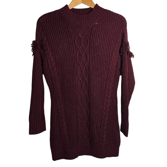 American Rag Dresses & Skirts - American Rag Medium Keyhole Cable Knit‎ Fringe Dress Burgundy Wine Winter Cozy